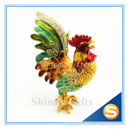 Metal Pewter Rooster Shape Jeweled Enamel Trinket Box